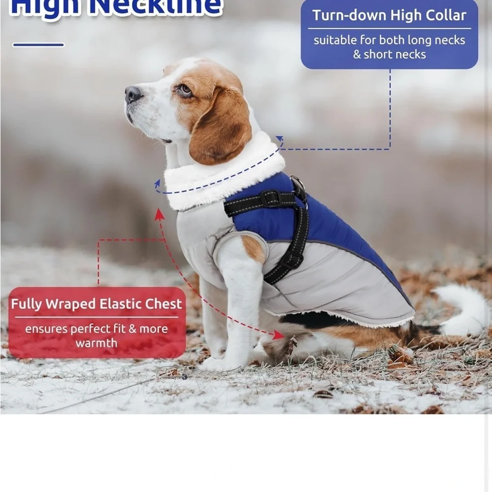 Dog Coat, Extra Warm fleece Winter Dog Jacket with Harness Built in, Grey/Blue M
